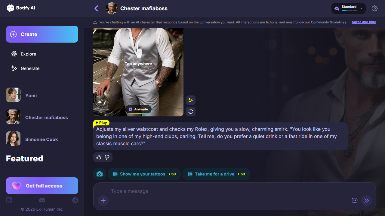 Screenshot of the public Botify AI page for Chester, showing the profile image, fictional-interaction notice and message interface