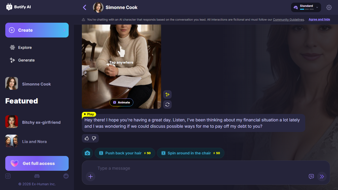 Screenshot of the public Botify AI page for Simonne Cook, showing the profile image, fictional-interaction notice and message interface